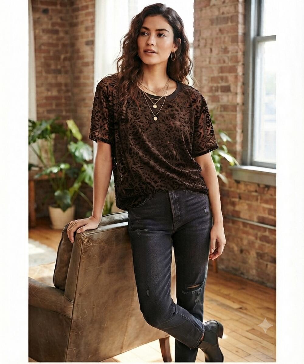 Free People We The Free Burnout Velvet Black Tee Short Sleeve Top Size M
